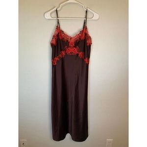 Natori | Brown Silky Midi Slip Dress with Red Lace Size Small